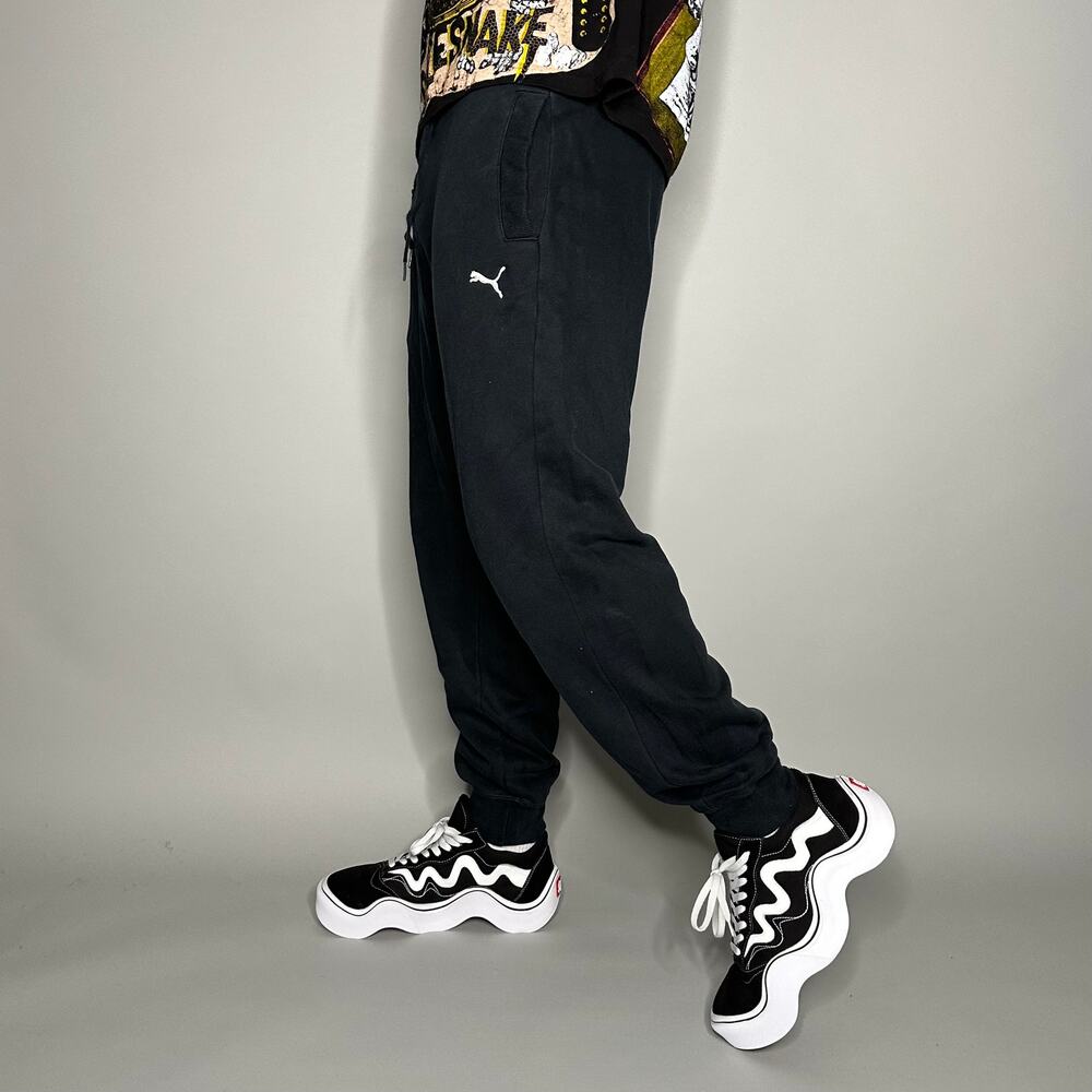 Vintage Y2K Puma Joggers Mens M Baggy Fit Jet Black Cotton Sweatpants White Logo